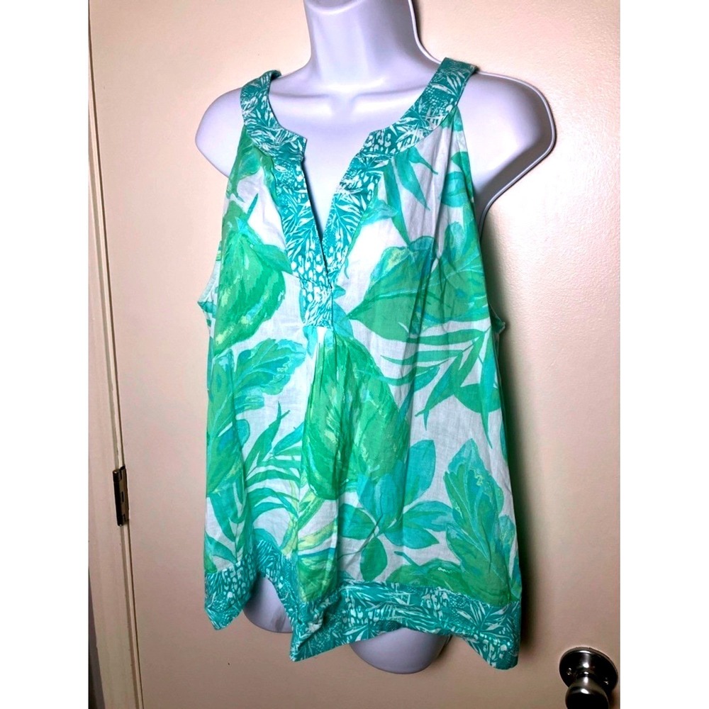 Christian Siriano NY Green‎ Tropical Print Sleeveless V-Neck Tank XL Resortwear